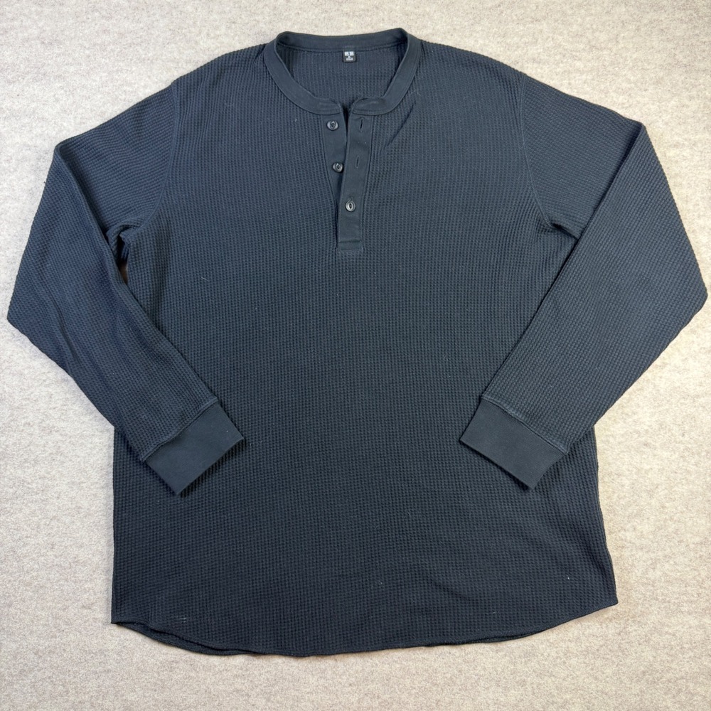 Uniqlo Mens XL Waffle Knit Henley Shirt Long Sleeve Black Textured Casual Top